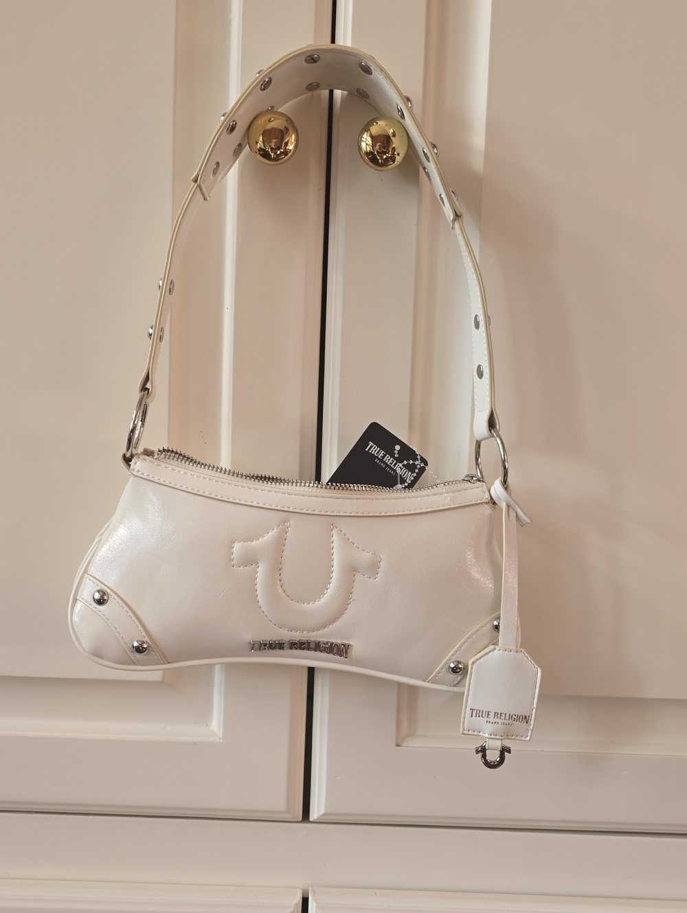 True Religion Ivory Leather Shoulder Bag with Stud Accents